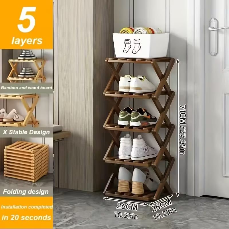 Small foldable shoe rack without installation. Bamboo