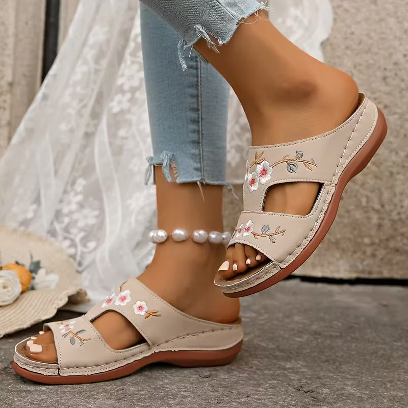 Women'S Summer Slippers, Embroidered Floral Thick Sole