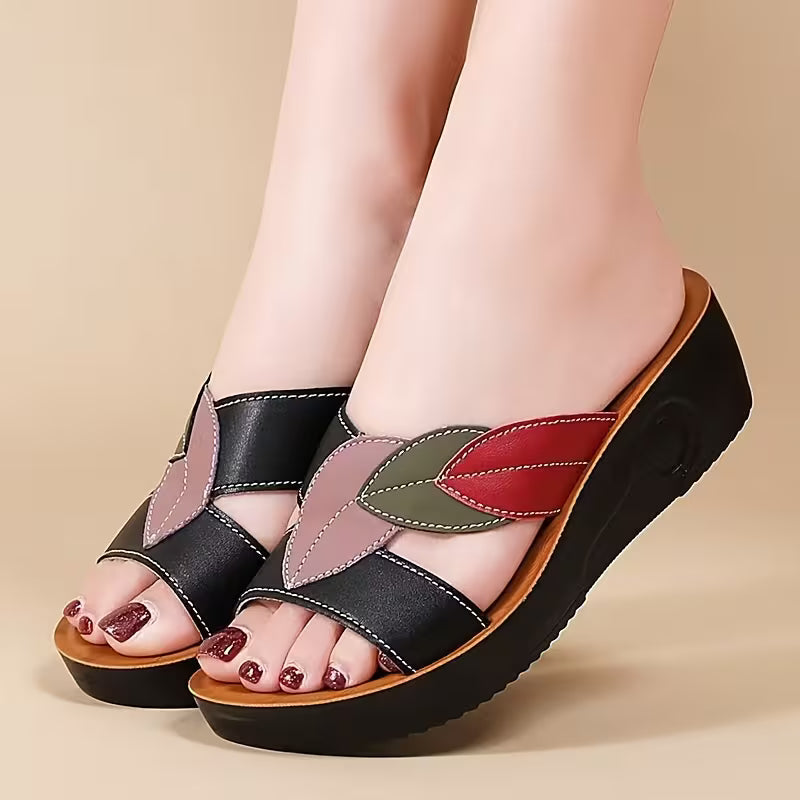 Women's Summer Mary Jane Color-Block Leaf Slip-On Sandals