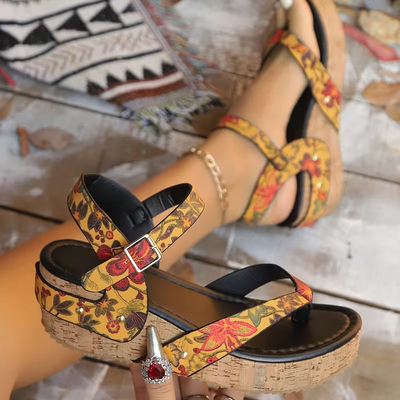 Summer New Black T-Strap Platform Wedge Sandals