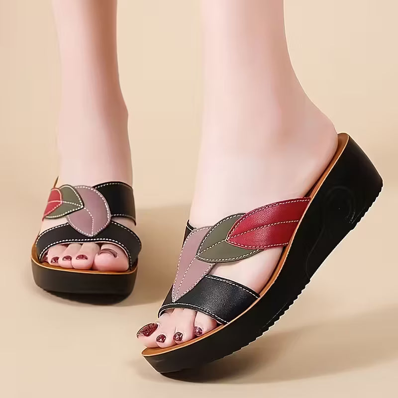 Women's Summer Mary Jane Color-Block Leaf Slip-On Sandals