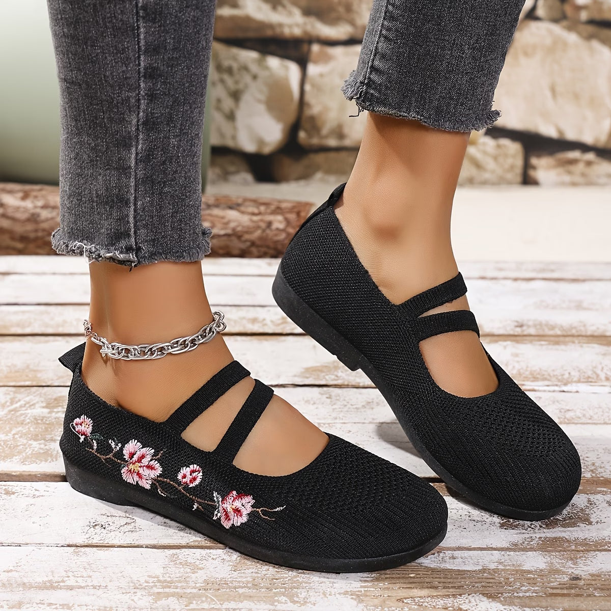Women'S Spring Floral Knit Ballet Flats Breathable