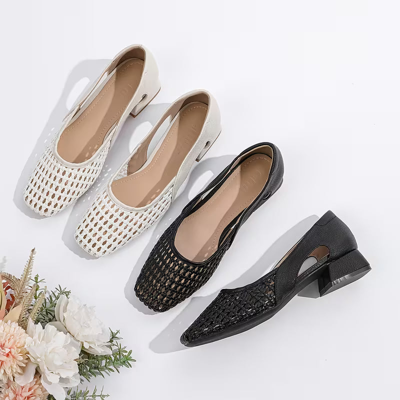 Square Toe Chunky Heel Hollow Shallow