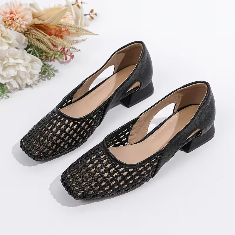 Square Toe Chunky Heel Hollow Shallow