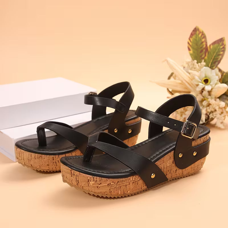 Summer New Black T-Strap Platform Wedge Sandals