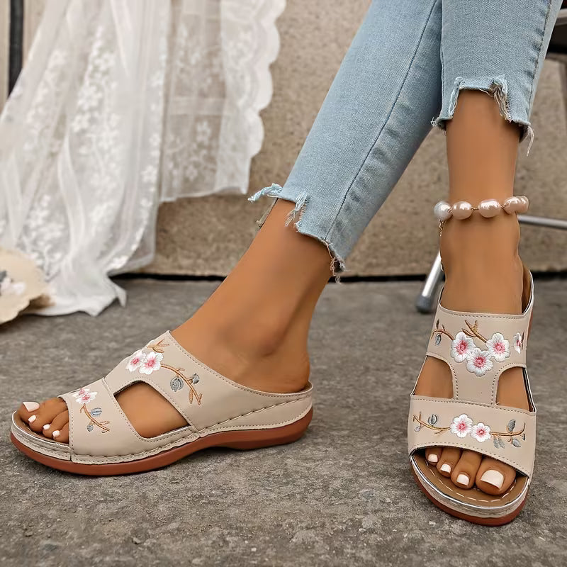 Women'S Summer Slippers, Embroidered Floral Thick Sole