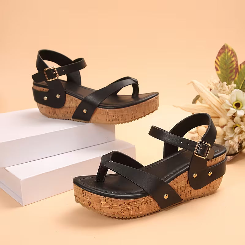 Summer New Black T-Strap Platform Wedge Sandals