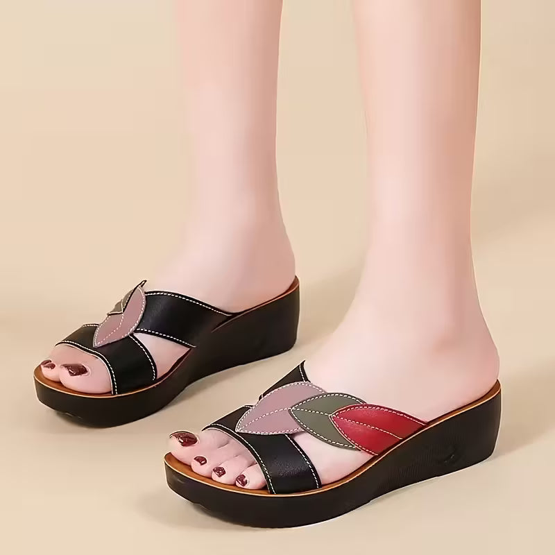 Women's Summer Mary Jane Color-Block Leaf Slip-On Sandals