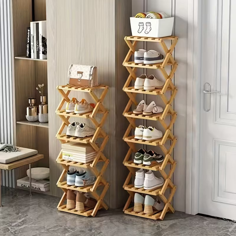 Small foldable shoe rack without installation. Bamboo