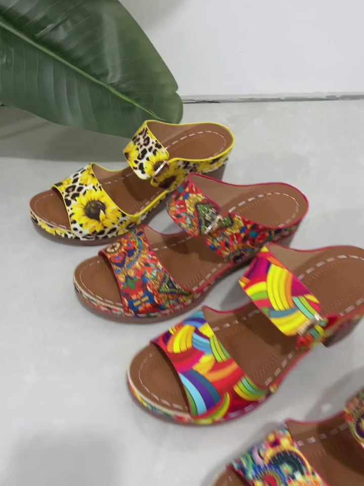 Heel Thick Bottom Metal Buckle Sandals Flowers