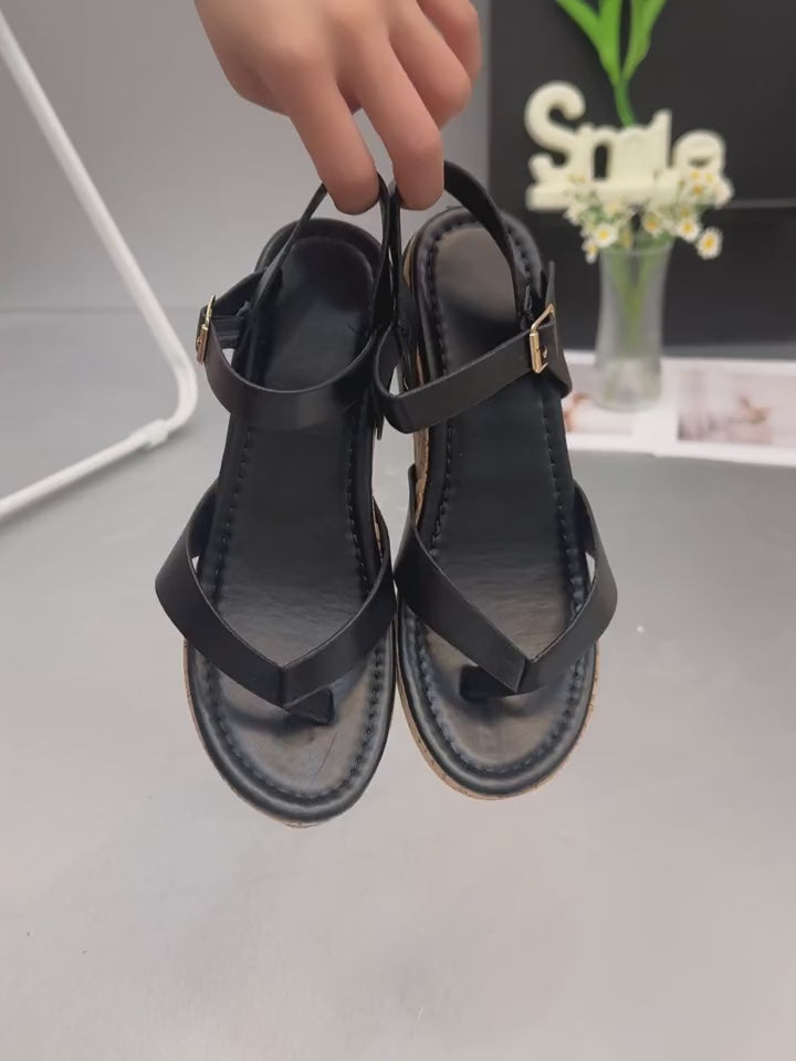 Summer New Black T-Strap Platform Wedge Sandals