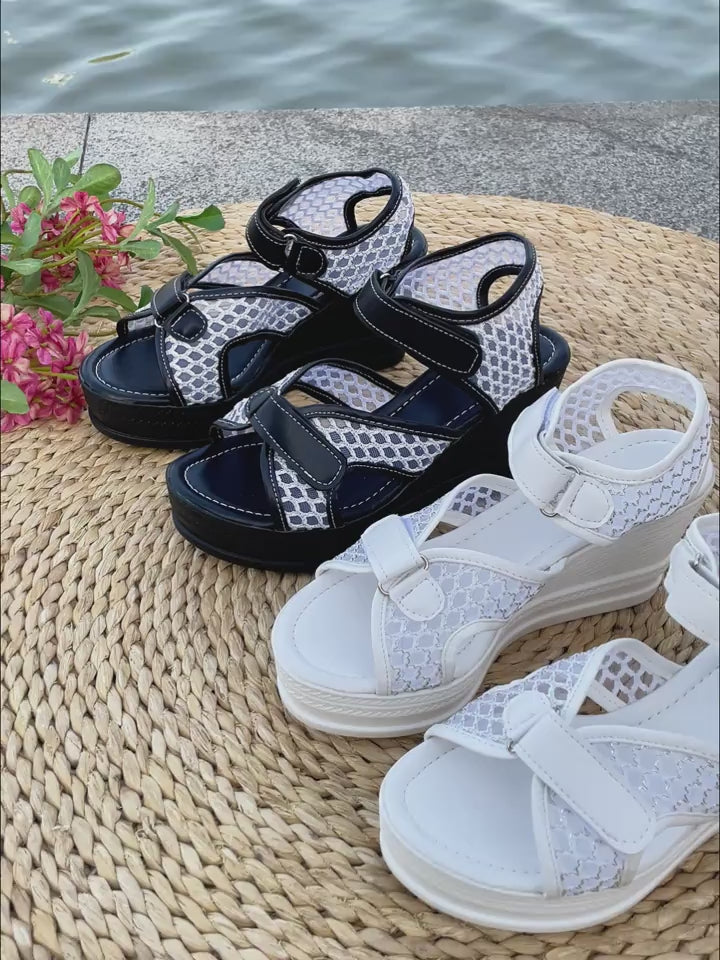 Women'S Thick Sole Wedge Sandals, Mesh Contrast